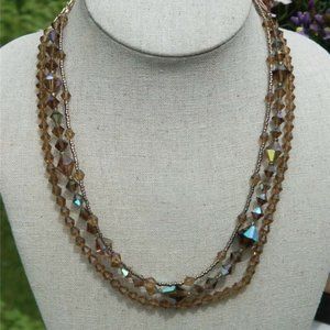 Vintage Brown Beaded Swarovski Crystal Triple Strand Necklace , Handmade
